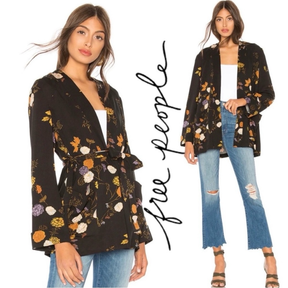 Free People Black Floral Wrap Jacket with Mustard & Lavender Accents